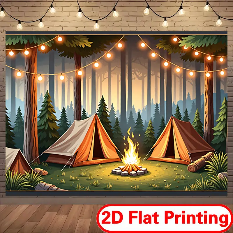 2D Flat Printing Polyester Banner Backdrop - Outdoor Tropical Beach Theme Decoration for Pool Parties, Beach Gatherings with Campfire, Tent Scene