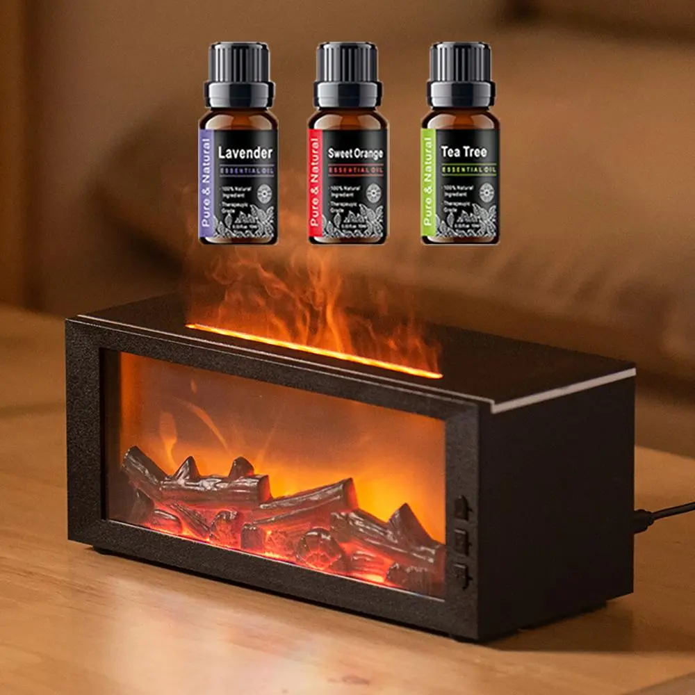 Ultrasonic Humidifier Fireplace Flame Aromatherapy Diffuser Set - 300ML, 3 Essential Oils, Remote Control, 7-Color Flame Night Light, 1/3/5H Timer, Auto-Off for Home Decor Gift