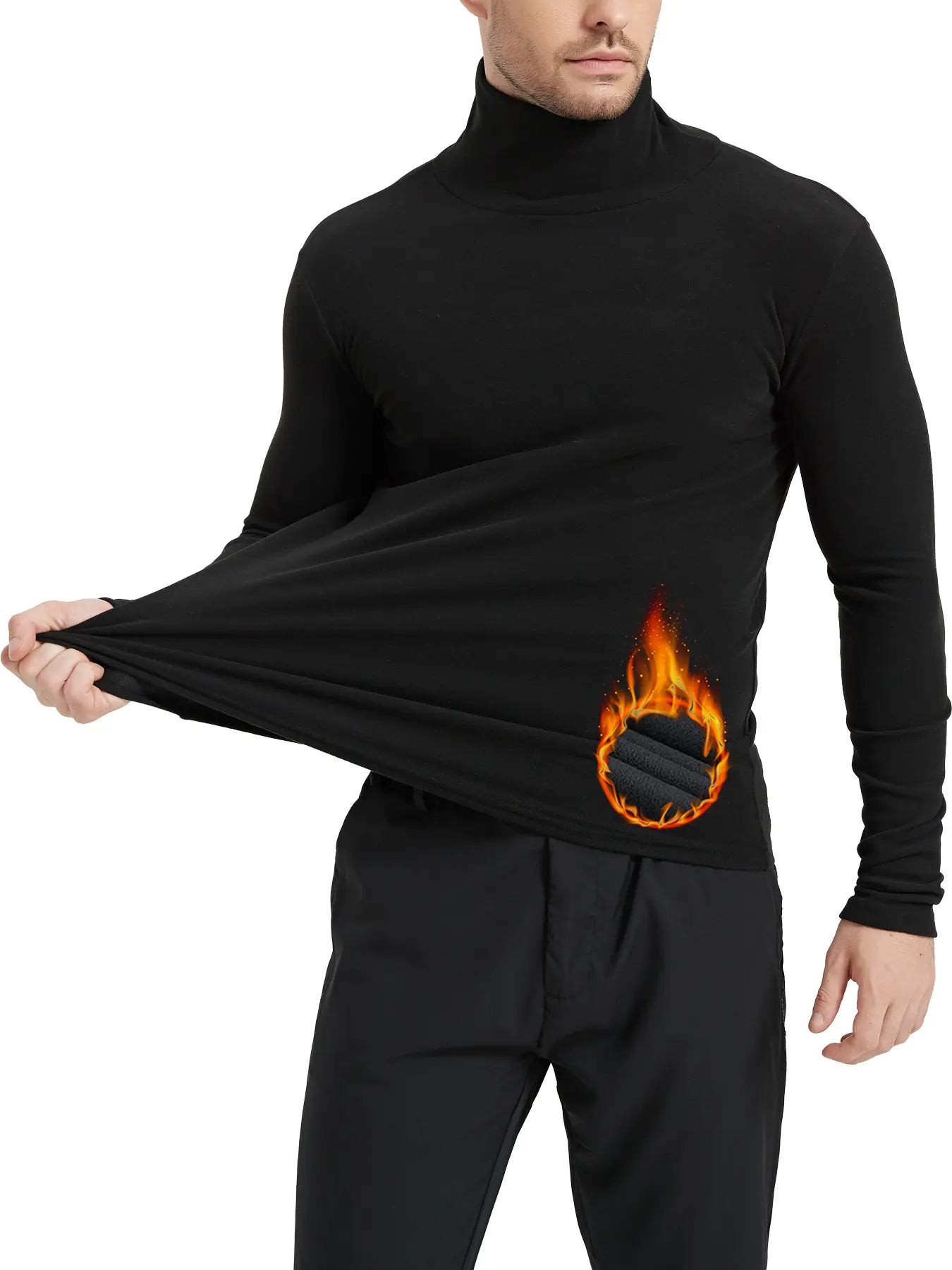 Men's Thermal Fleece-Lined Turtleneck Long Sleeve Athletic Base Layer, Stretch Fabric Undershirt for Cold Weather Workouts & Bike Sports, Menswear Clothing with Warmth (Beige)