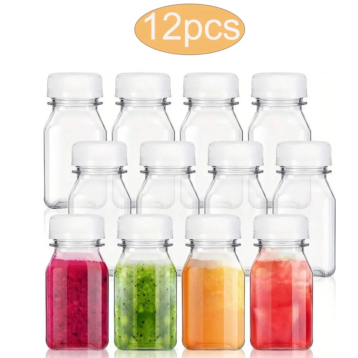 Mini Plastic Juice Bottles Set of 1/3/6/9/12 with Lids, Reusable Drink Containers for Juicing, Smoothies, Iced Teas & Homemade Beverages, Storage Bottles