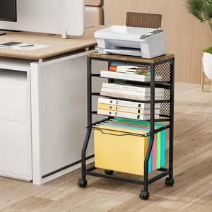 Rolling File Cart, 5-Tier Under Desk Organizer on Lockable Wheels, Brown Wood Planks File Cart with Hanging File Folders Rack and Paper Trays for Office Home