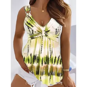 Elegant plus-size V-neck tie-dye print vest, fashionable for spring and summer women, round buckle design, casual wear, elegant sleeveless top GARMENTARY