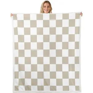 Checkered Throw Teen Men Beige Soft Cozy Fleece 50x60 Inches Kids Boys Girls Cute Retro Checkerboard Geometric Vintage Room