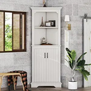Bellemave  Tall Corner Cabinet with Doors for living room, bathroom,Dining Room or Kitchen.This corner cabinet maximizes the utilization of storage space. It has two open shelves and a storage cabinet