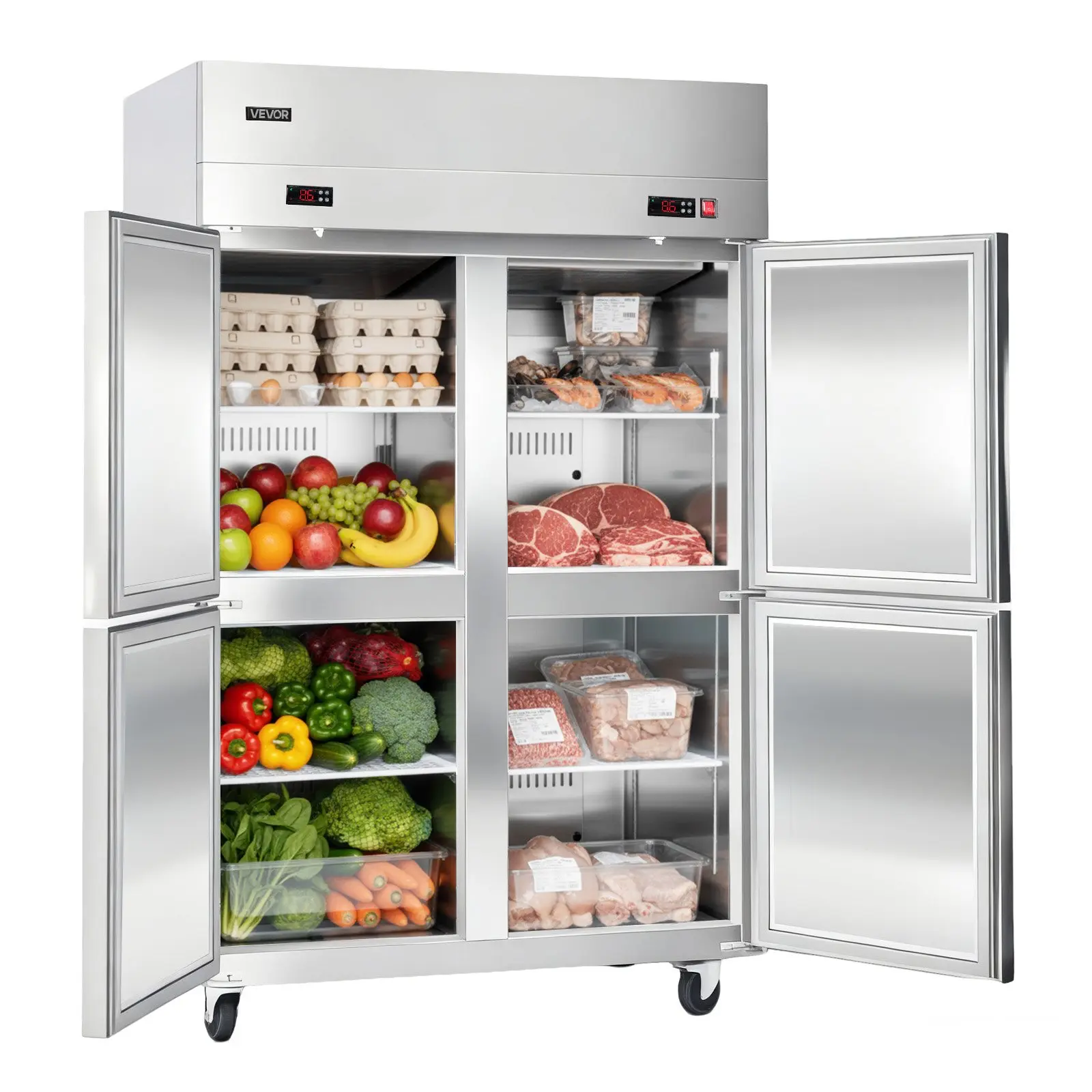 VEVOR 4-Door Commercial Refrigerator-Freezer Combo, 31 Cu. Ft Stainless Steel Upright Unit, 48W, Auto-Defrost, 6 Adjustable Shelves, 360 Universal Casters, 1210x810x1925 mm (47.64x31.89x75.79 in), 346.6 lbs, UL Certified (4 Doors & Above)