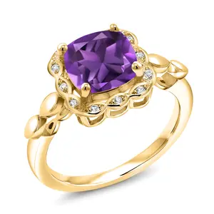 Gem Stone King Gemstone Birthstone and Created Sapphire Engagement Ring for Women | 18K Yellow Gold Plated Silver | Cushion 8MM | Wedding Anniversary Promise Ring