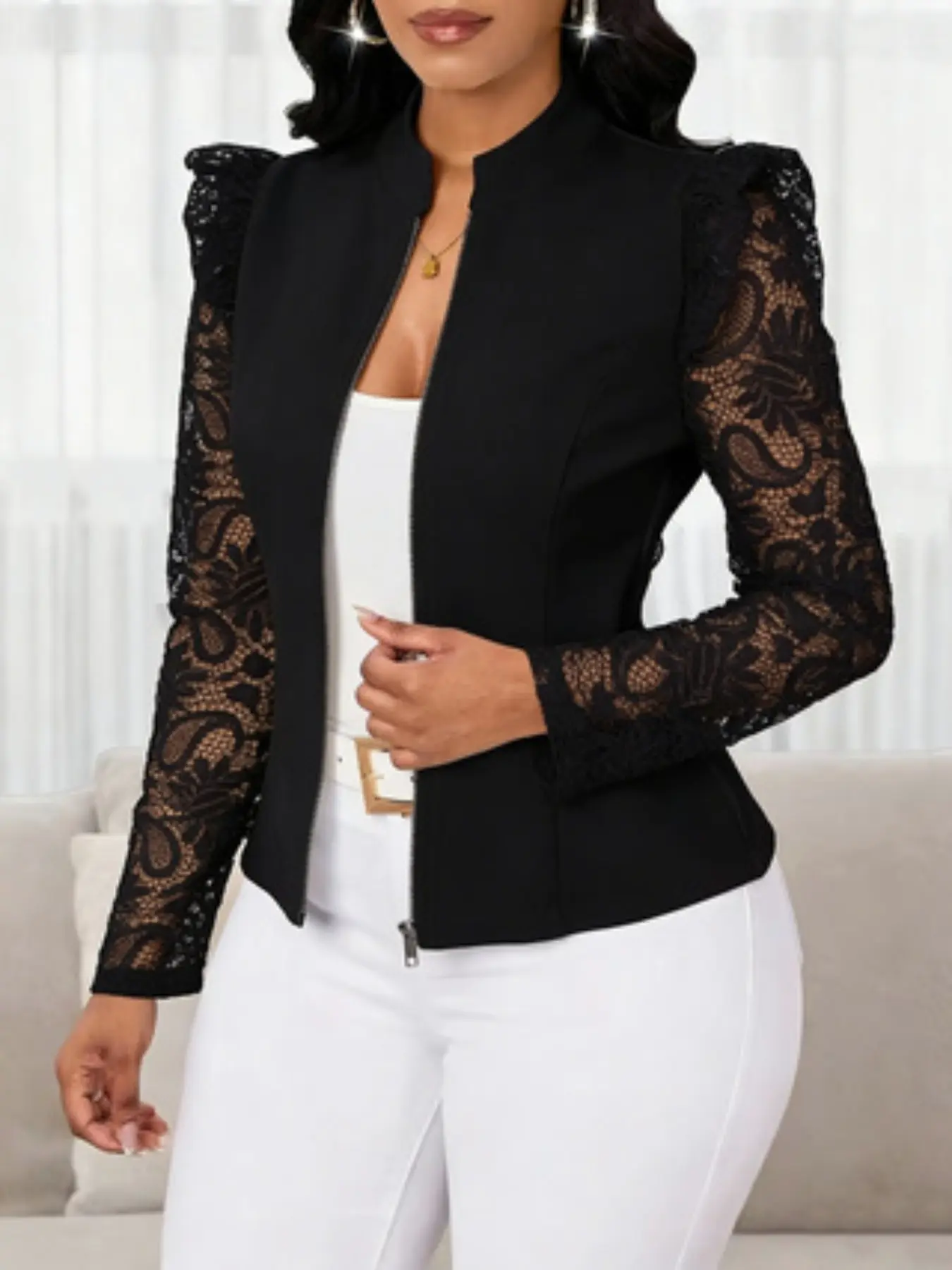 Women's Thin Plain Casual Fashionable Jacket, Long Sleeve Lace Patchwork Zipper Cardigan, Fashion Lightweight Elegant Chic Slim Fit, Spring & Fall Office Wear, Outerwear Womenswear