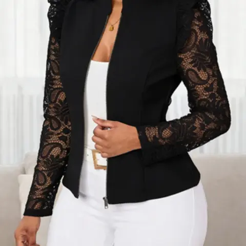 Women's Thin Plain, Long Sleeve Lace Patchwork Zipper Cardigan, Tight Fitting Jacket, Fashion Lightweight Elegant Chic Slim Fit, Spring & Fall Office Wear, Outerwear Womenswear