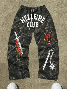 Vintage Camo Texture, Stranger Things Hellfire Club Slogan, Demon Flame Sword Graphic Print, Drawstring Loose Sweatpants, Breathable Fabric