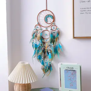 Dream Catcher Blue Tree of Life with Feathers Fairy Lights Handmade Indians Traditional Circular Net for Wall Hanging Decor, Bedroom Kids, Home Decoration Wedding Party Blessing Gift