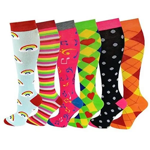 Women's Premium-Grade 6-Pair Knee High Socks Set, Polyester Blend with Slight Stretch, Assorted Styles Colorful Fancy Prints, Fits Size 9-11 Legwear