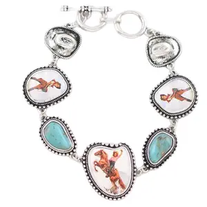 Western Vintage Cowgirl Bracelet with Turquoise Accents and Toggle Closure 7.4 to 8 Inches