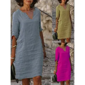 Women's European & American Style Autumn Dress - Retro Solid Color, Small V-Neck, Paneled Design, 3/4 Sleeves (Linen-Cotton Blend)1