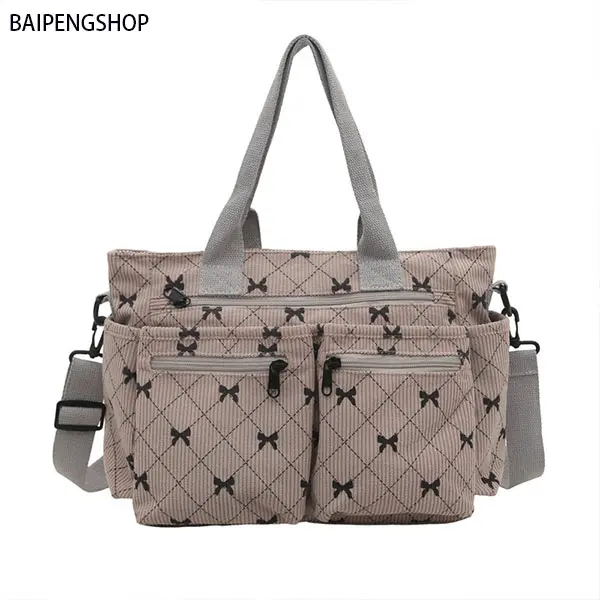 Women's Corduroy Tote Bag with Bow Accent, Elegant Crossbody Shoulder Bag for School, Work, Business, and Travel, Everyday Bag