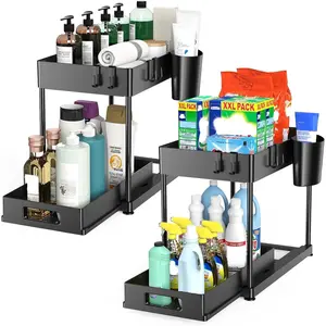 2 Pack 2-Tier Under Sink Organizer with Pull-Out Drawer, Tool-Free Assembly Space Saving Cabinet Storage for Kitchen & Bathroom, Fits Cleaning Supplies & Toiletries for Small Cabinets, Black