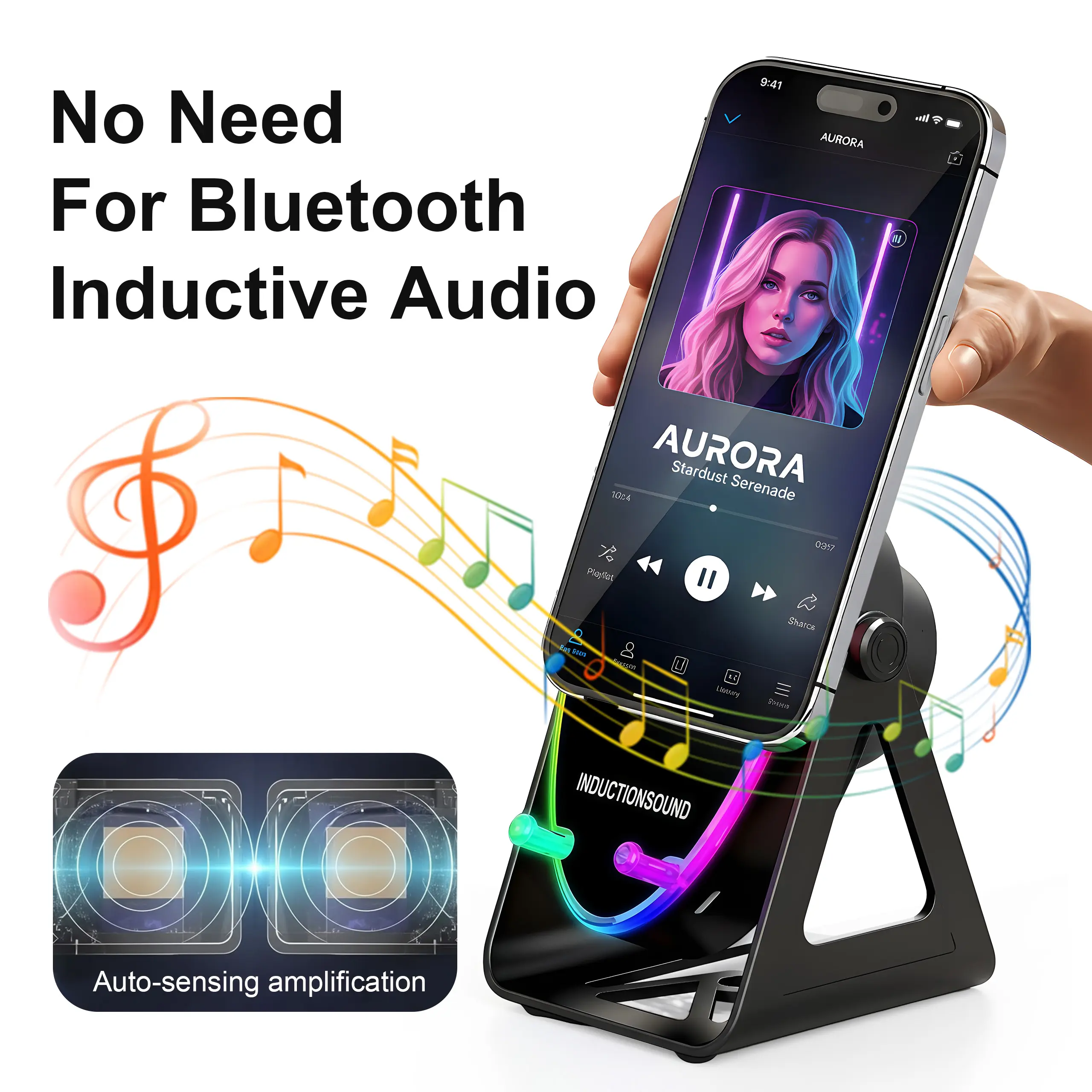 Wireless Induction Audio Bluetooth Speaker, 360° Rotation Stand with LED, Universal Speaker Stands for Surround Sound&Charger,Portable Desktop Stand Gift for Home, Shower, Outdoors, Travel. Streaming Compact