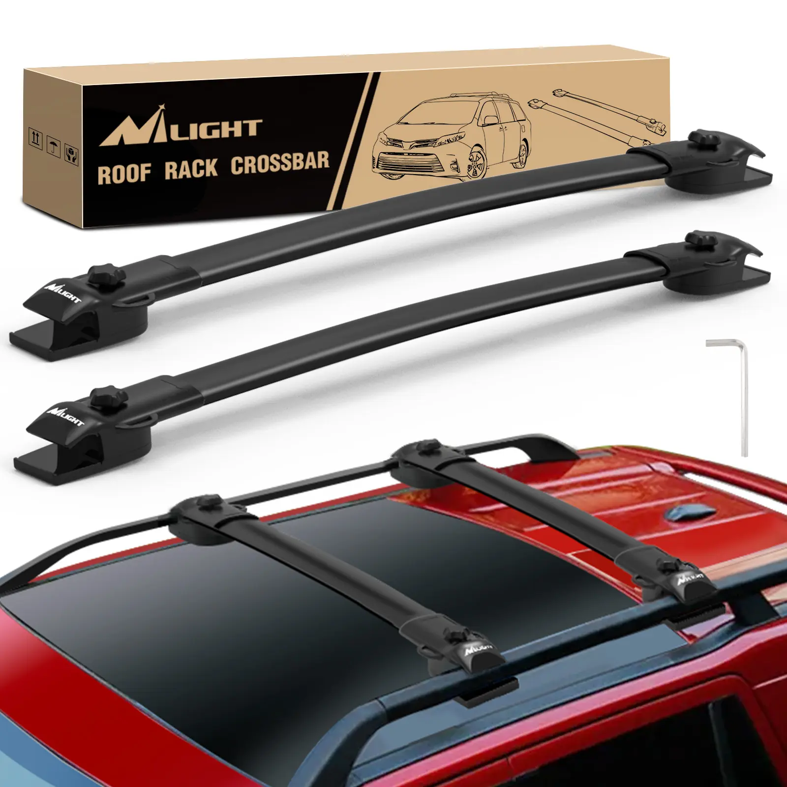 Nilight Adjustable Aluminum Roof Mount Cross Bars, Fit for Toyota Sienna 2011-2020 with Side Rails, 0.8in Thick, 2.5in Wide, 150 lbs Capacity, Easy Install, Rubber Pads, Screws, Instructions for Bikes, Snowboard Cargo Luggage Kayak