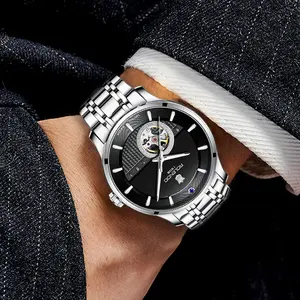 Luxury Blue Gem Accent Minimal Skeleton Dress Watch, Carbon Fiber Dial Open Heart Window Steel Band, Ideal Anniversary Gift for Mature Business Gentlemen