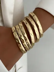 Boho Style Geometric Pattern Metal Bangle Bracelets Set, Trendy Stack Bangle, Open Cuff Design, Punk Fashion Jewelry for Women, Daily Wear & Party Accessories