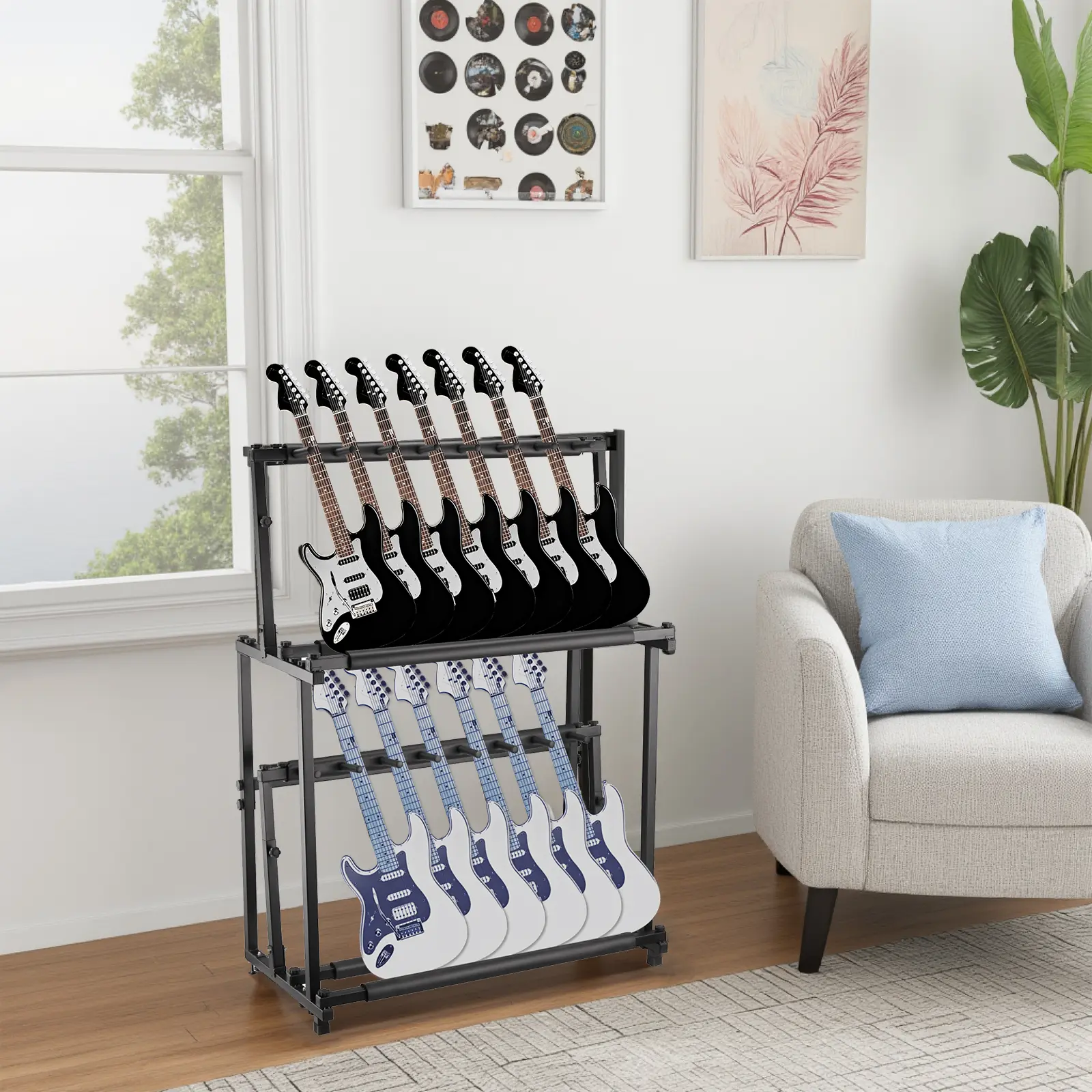 Multi Guitar Stand, Folding 14 Standing Floor Multiple Guitars Display Rack, Adjustable Guitar Storage Holder with Soft Sponge