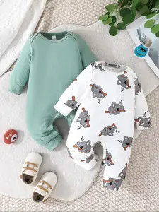 Cute Baby Striped Jumpsuit Two-Piece Set, Koala Print & Mint Solid Color, Infant Comfort Home Daily Wear