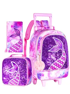 Rolling Backpack for Girls, Cute Backpack, Roller Wheels Kids Bookbag - Wheeled Suitcase Elementary Sequin School Bag - School Backpacks 3PCS Pink Mermaid