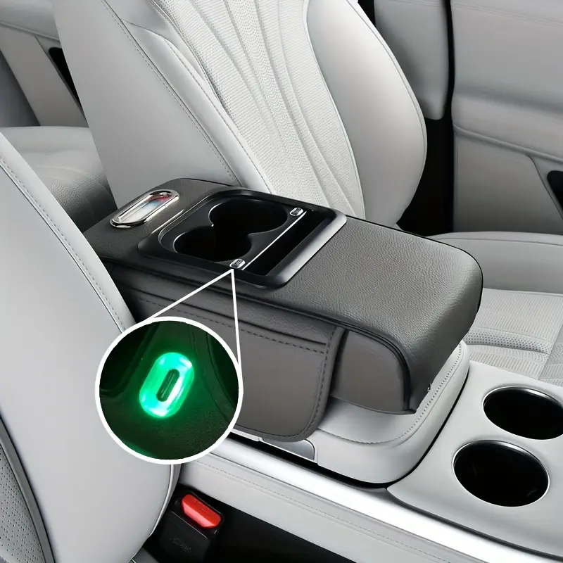 Waterproof Leather Car Console Organizer | 6-in-1 Padded Armrest Storage with Cup Holder, Tissue Slot & Projection Ambient Light
