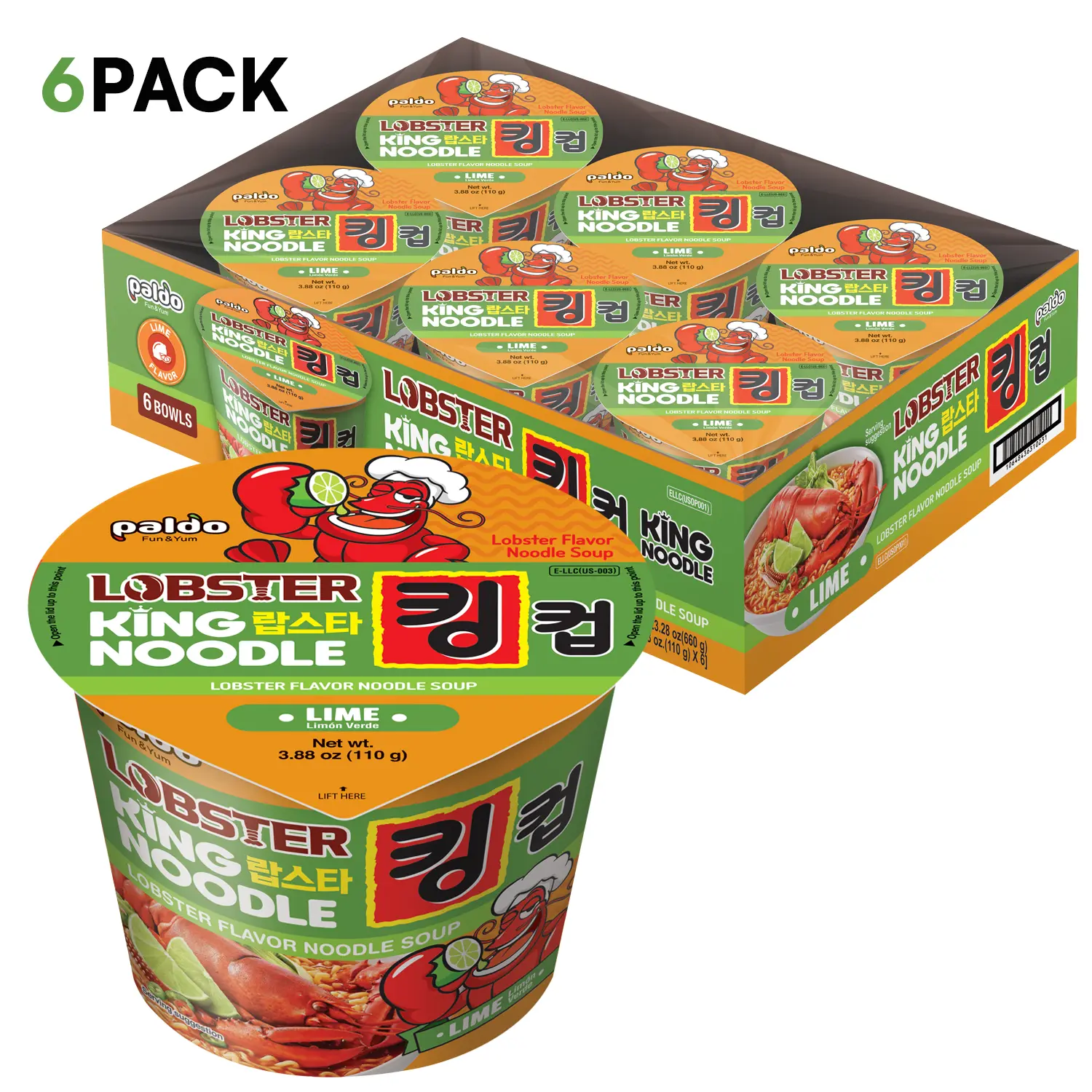 [Paldo Official] Paldo Fun & Yum Lime Lobster Instant Big Cup Ramen – Rich Lobster Seafood Broth with a Refreshing Lime Twist, Chewy Korean Noodles, Perfect for Seafood Lovers, College Students & Late-Night Cravings, 6-Pack, 3.88 oz (110g)