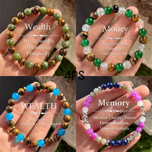 Crystal Bracelet Set 4Pcs Tiger Eye Stone Wealth Money Memory Jewelry for Abundance Mental Clarity Prosperity Daily Wear Work Spiritual Practices