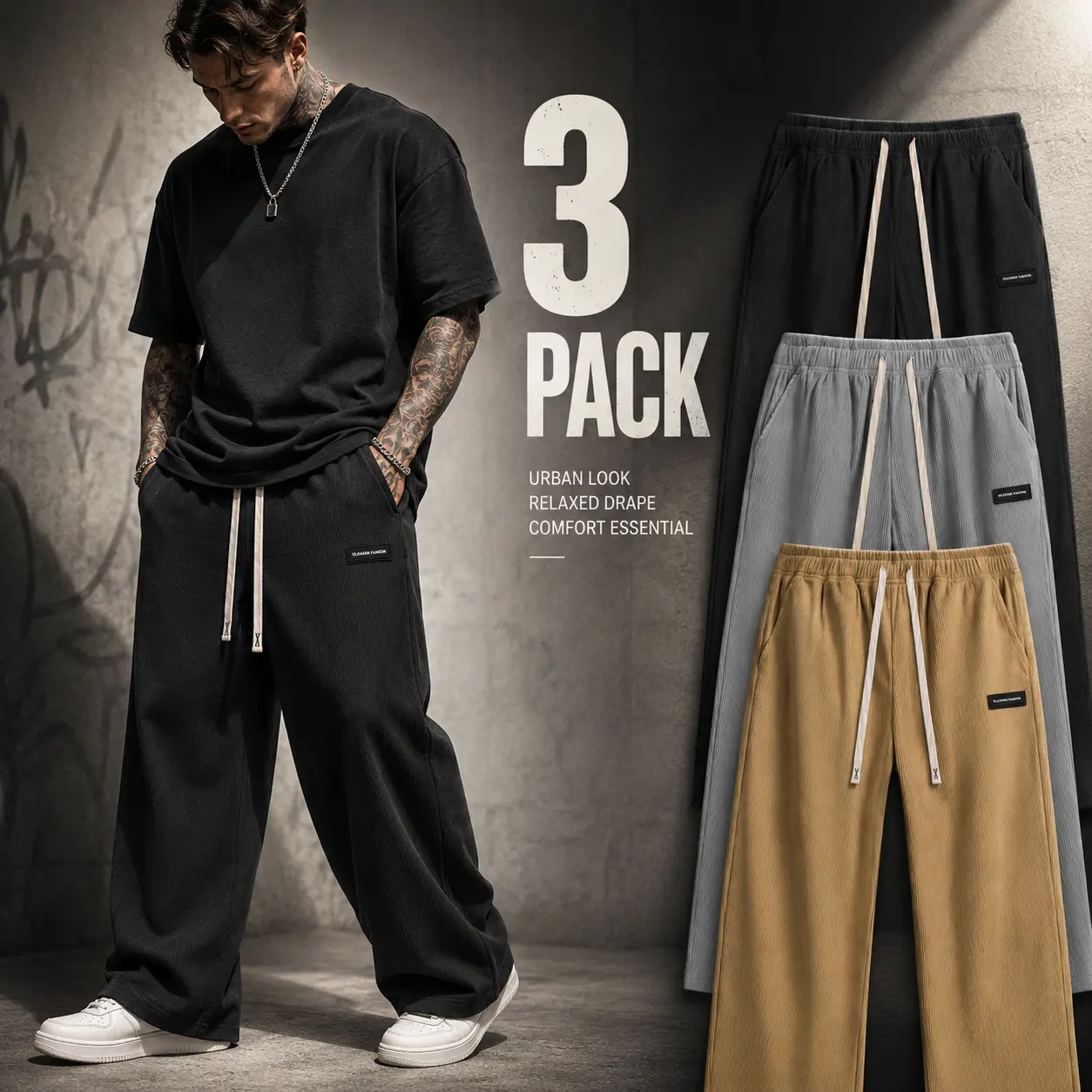 1/3 Pack Men's Wide Leg Corduroy Pants, Loose Fit Drawstring Casual Trousers with Elastic Waist and Pockets, Black Grey Khaki Streetwear Pants Jackets Menswear