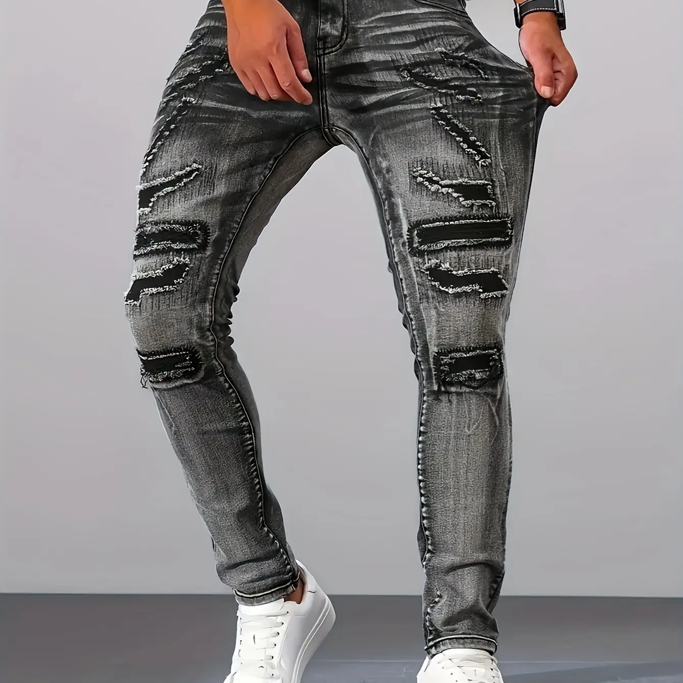 Skinny Fit Denim Jeans Distressed Ripped Patchwork Design Edgy Essential for Urban Street Style Outfits