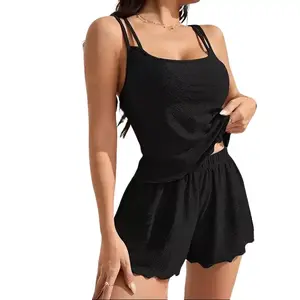 Women's 2 Piece Pajama Set, Double Strap Cami Top and Ruffle Hem Shorts, Soft Camisole Loungewear Sleepwear Set