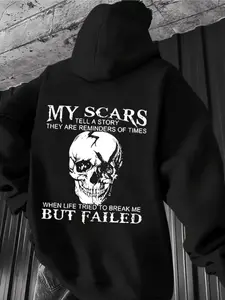 Men's Skull & Motivational Quote Print Hoodie, Punk Style Back Printed Sweatshirt, Casual Sports Wear for Motorcycle Activities, Casual Hooded Sweatshirt