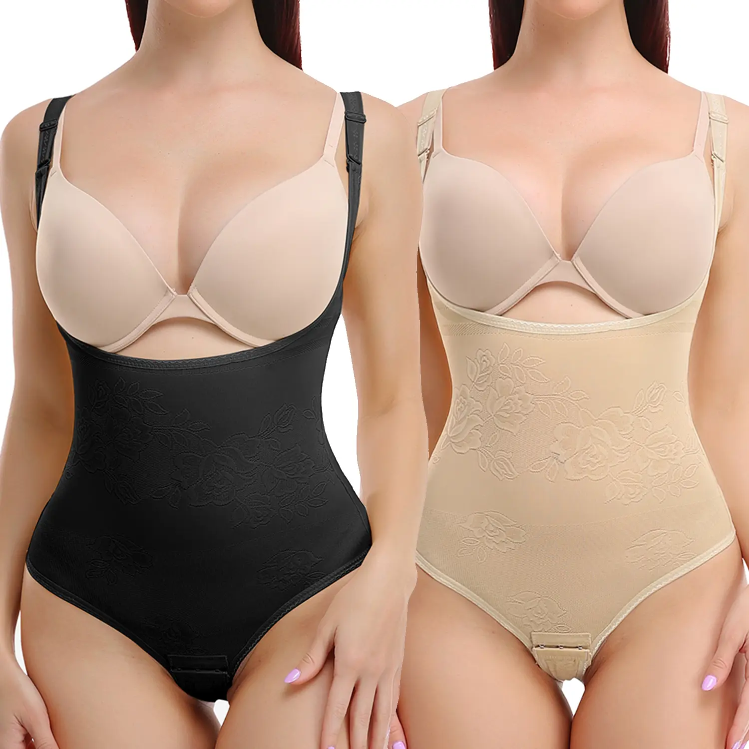 Women's Adjustable Seamless Mesh Strapless Open Bust Tummy Control Bodysuit - Smooth Fabric Waist Trainer Thong Shaper with Floral Details for Formal Occasions, Flowers