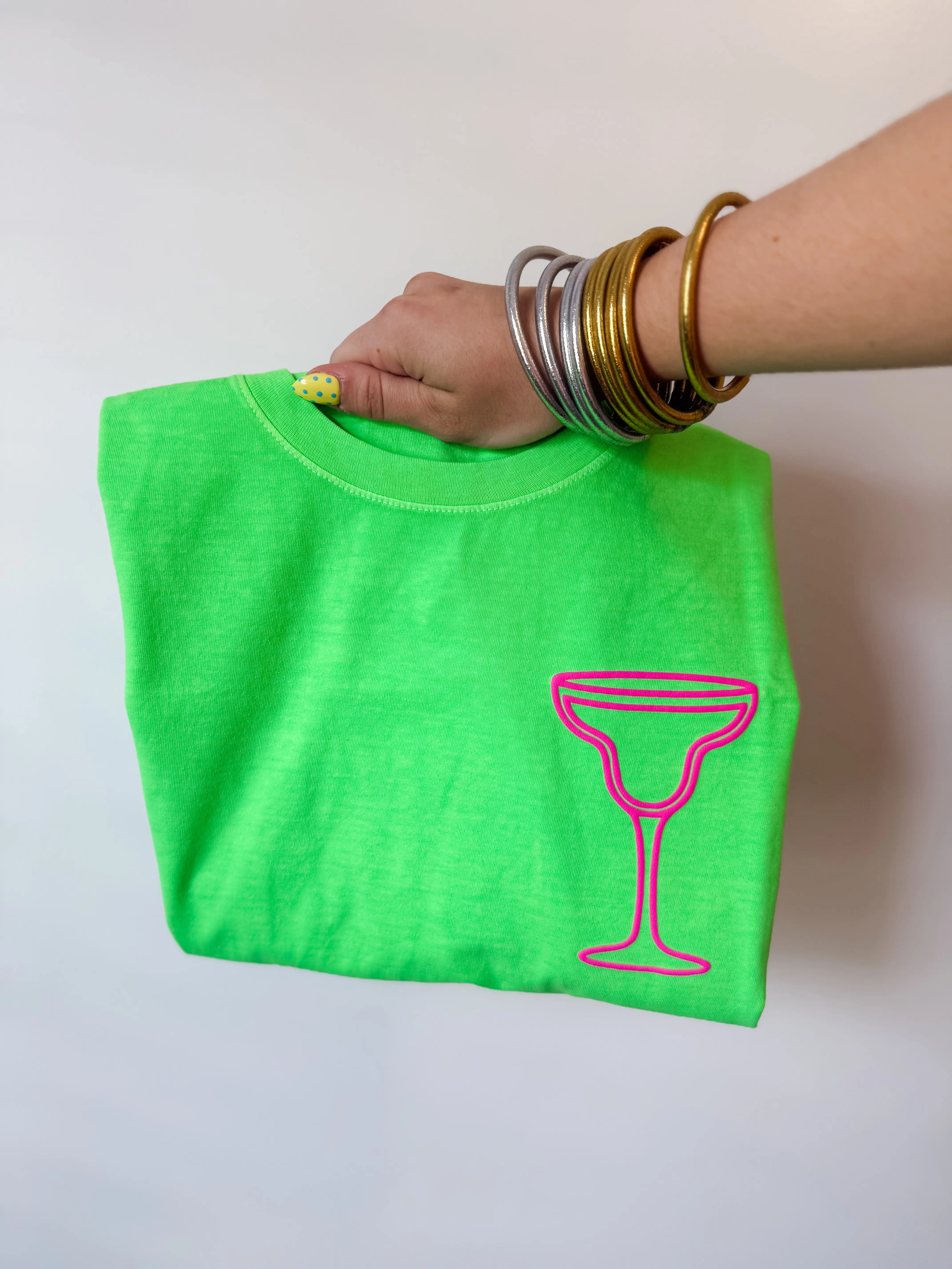 Neon Green Garment-Dyed Puff Print Margarita Graphic T-Shirt