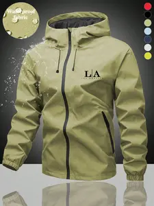 Men's Waterproof La Los Angeles Hooded Jacket, Lightweight Raincoat for Outdoor Sports Hiking Travel, Breathable Tactical Windbreaker