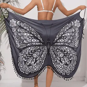 Women's Sheer Chiffon Beach Swimwear Cover Up - Butterfly Print, Halter Neck, Tie Back, Belted for Summer Vacation, Pool Party