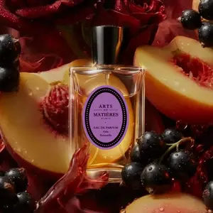 Ode Sensuelle Eau de Parfum Made in France by Arts et Matières Fragrance Family: Gourmand, Fruity  Top Notes: Bergamot, Blackcurrant, Peach  Heart Notes: Rose, Florence, Racine, Jasmine  Base Notes: Cashmere Wood, Patchouli, Vanilla