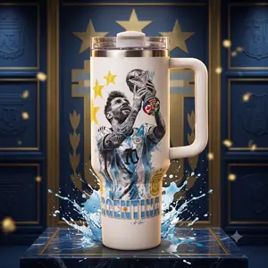 1 Pc 40oz stainless steel double wall insulated mug, Tumbler, with handle, leak proof lid travel thermal, soccer champion print, keep warm 3h cold 9h, hot cold drinks, gift for men and women, holiday, Insulated Drinkware, Insulated Water Bottle
