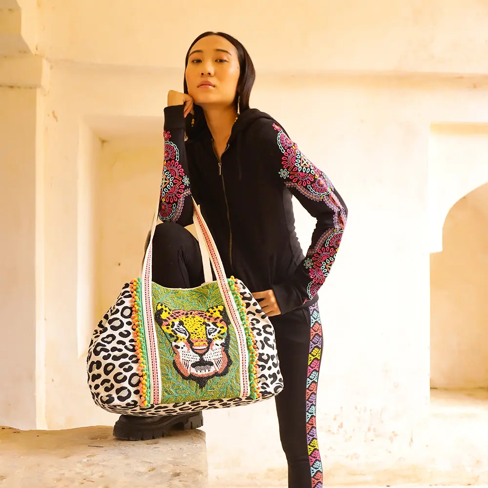Forestry Leopard Embellished Women's Tote Beach Bag Forestry Leopard Embellished Women's Tote Beach Bag