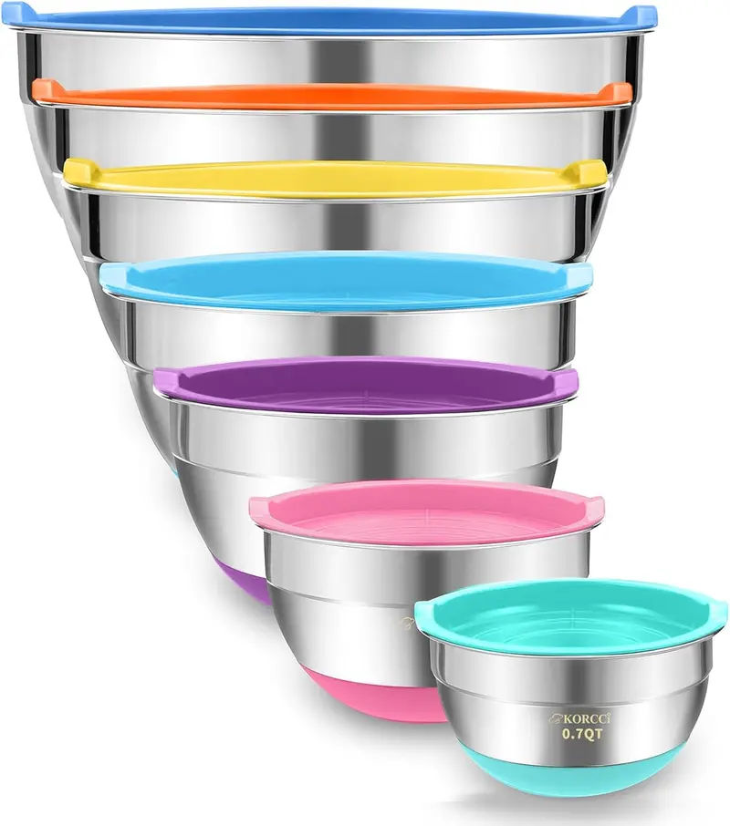 Mixing Bowls with Lids Set 7 PC Stainless Steel Salad Bowls with Colorful Airtight Lids for Kitchen Tableware  Nesting Salad Bowls Set