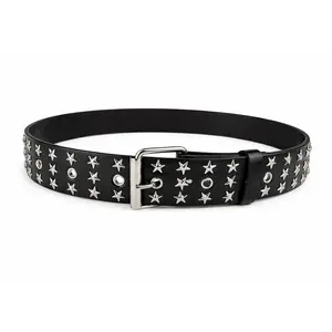 Men’s Black Star Studded Belt Silver Buckle Punk Rock Adjustable Waist Belt