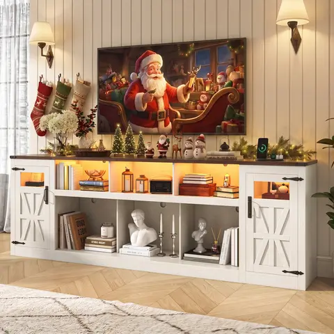 70.1"/80"/95" Farmhouse TV Stand w/Power Outlets for 70/75/80/90/95/100 Inch TV, Entertainment Center w/LED Lights, Rustic Media Console w/Sliding Barn Door for Living Room,Antique White/Brown