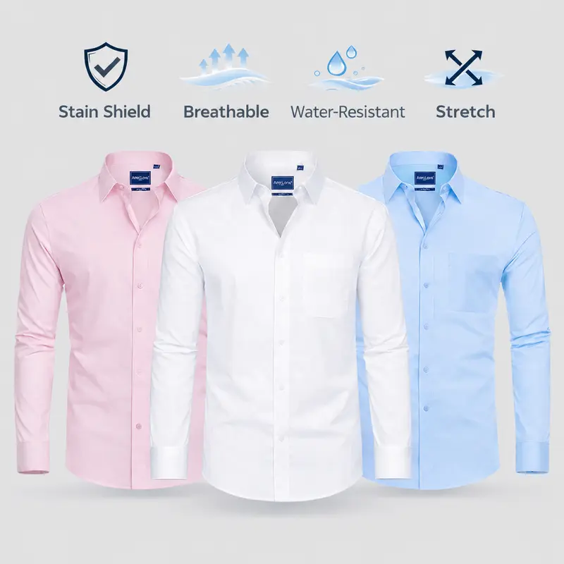 AMZPURE Men's 3-Pack Slim Fit Stain Shield Long Sleeve Button Down Dress Shirts - Body-Hugging Fitted, Business Casual, Button Detail Tops, Work-to-Party Wear for Office Meetings, Weddings