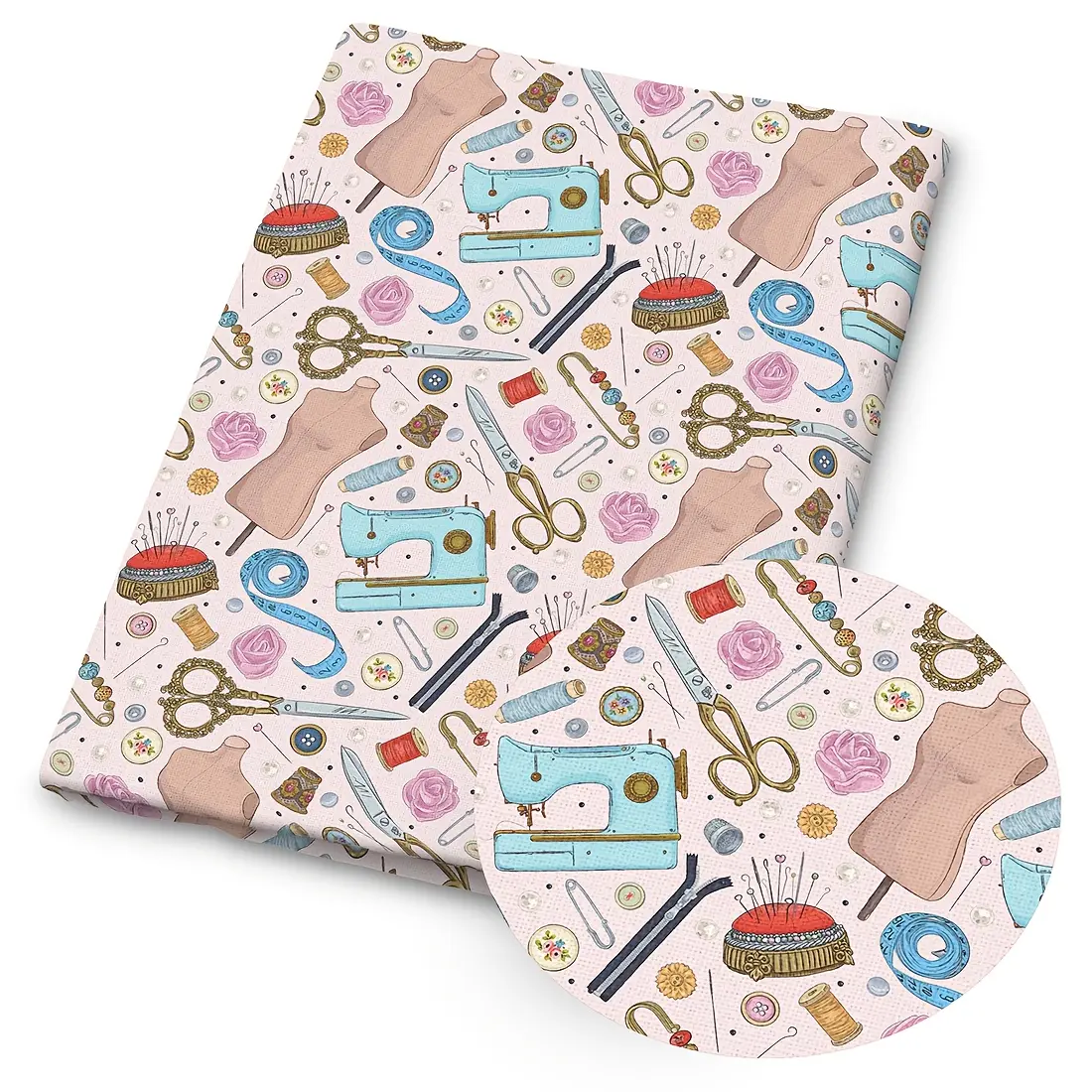 1 piece of sewing-themed printed fabric—Dimensions: 59 x 19.68 inches (150 x 50 cm)—featuring vibrant patterns of sewing tools, sewing machine, perfect for crafts, quilting, making wallets, and fabric projects