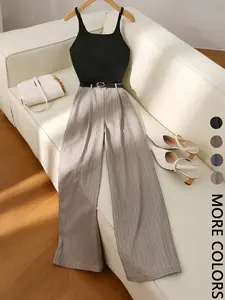 Women's Solid Color Fitted Halter Top and Striped Casual Pants Set, Perfect for Daily Wear and Valentine's Day, 2 Piece