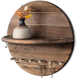 Pine  Key Holder Wall Mount - Rustic Wooden Key Hooks for Wall with Shelf - Decorative Mail Organizer, Coat Rack &  Leash Holder for  Decor, Entryway and Living Room (Brown)