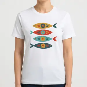 Folk Art Fish Graphic Tee, Vintage Swedish Style Design, Comfortable Unisex Fit, All‑Season Wear