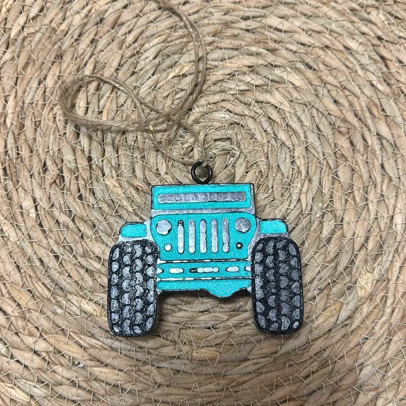 Warm Vanilla Sugar Scented Car Freshie Shoe - Blue Jeep Design Ornament with String Attachment