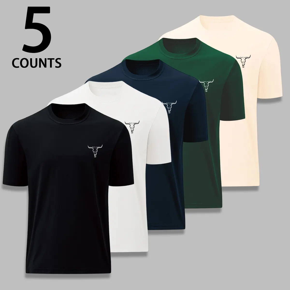 Men's Crewneck T-Shirts 5-Pack, Casual Short-Sleeve Fashion Tops with Bull Head Logo, Soft Fitted Streetwear Basics, Round Neck